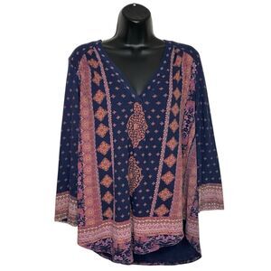 Lucky Brand Top Womens Large Blue Pink V-Neck 3/4 Sleeve Boho Peasant Hippie